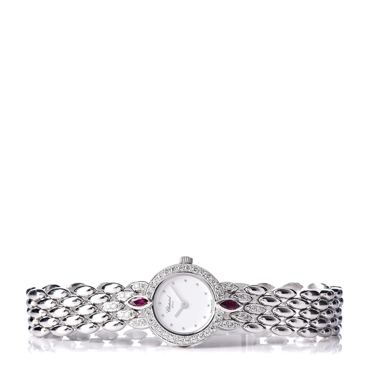 18K White Gold Diamond Bezel Ruby 19mm Happy Diamonds Quartz Watch