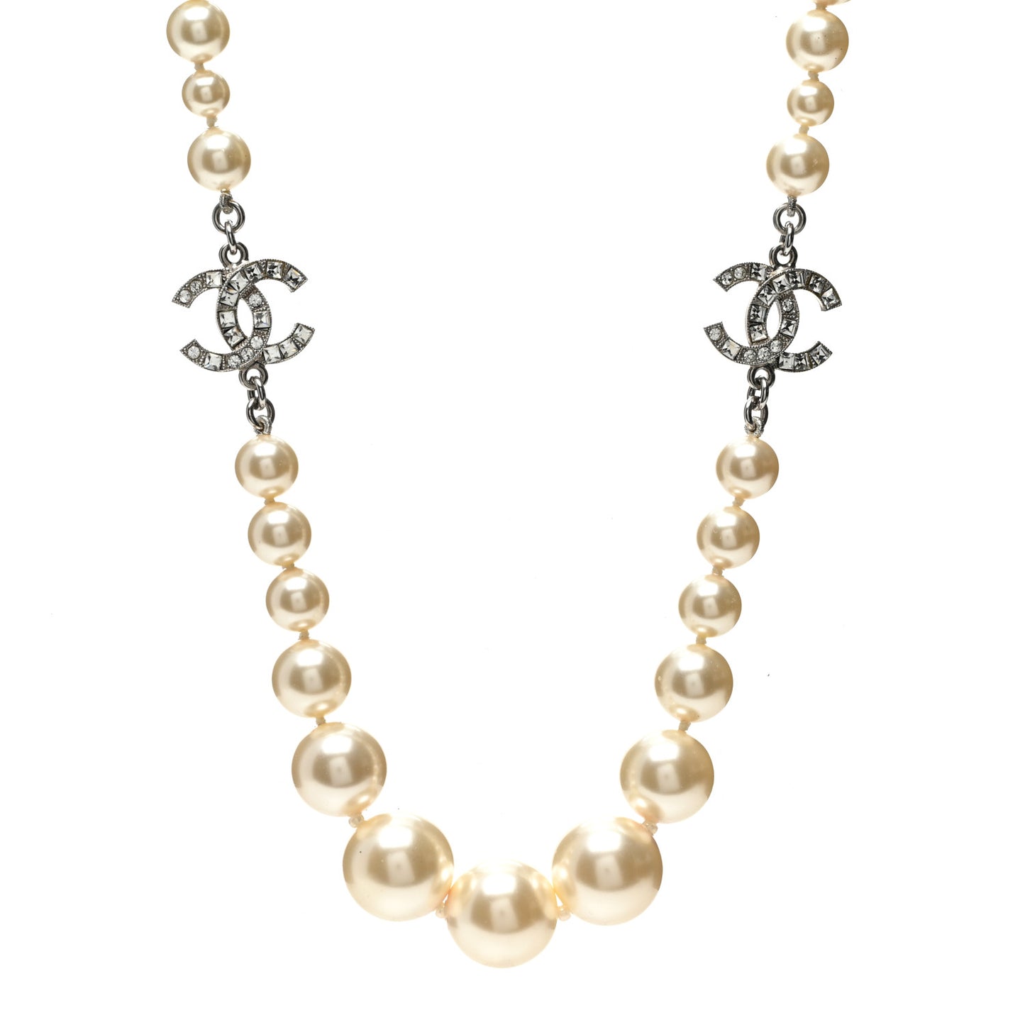 Pearl Crystal Baguette CC Short Necklace Silver