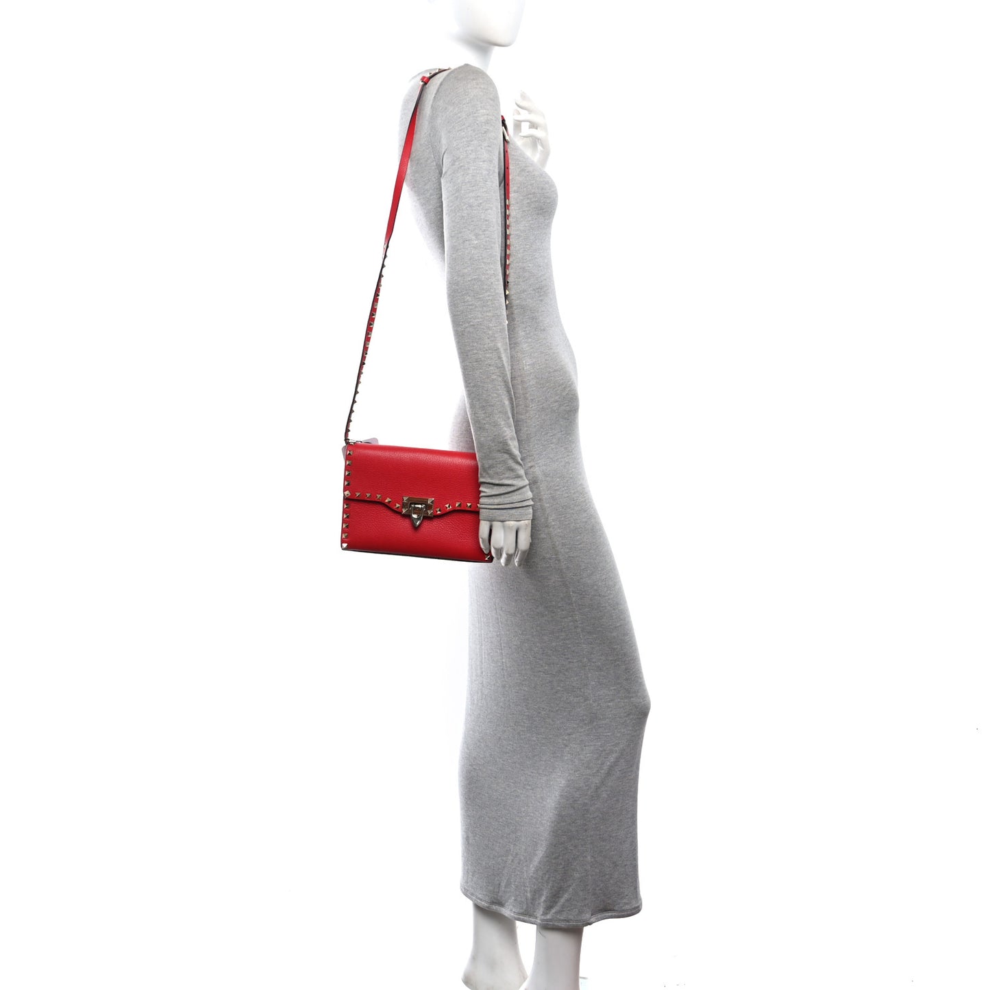 Pebbled Calfskin Medium Rockstud Flip Lock Crossbody Bag Red