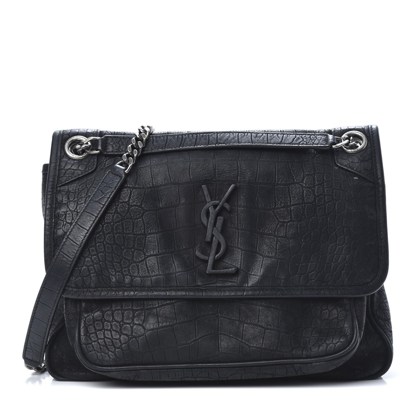 Nubuck Crocodile Embossed Monogram Medium Niki Chain Satchel Black