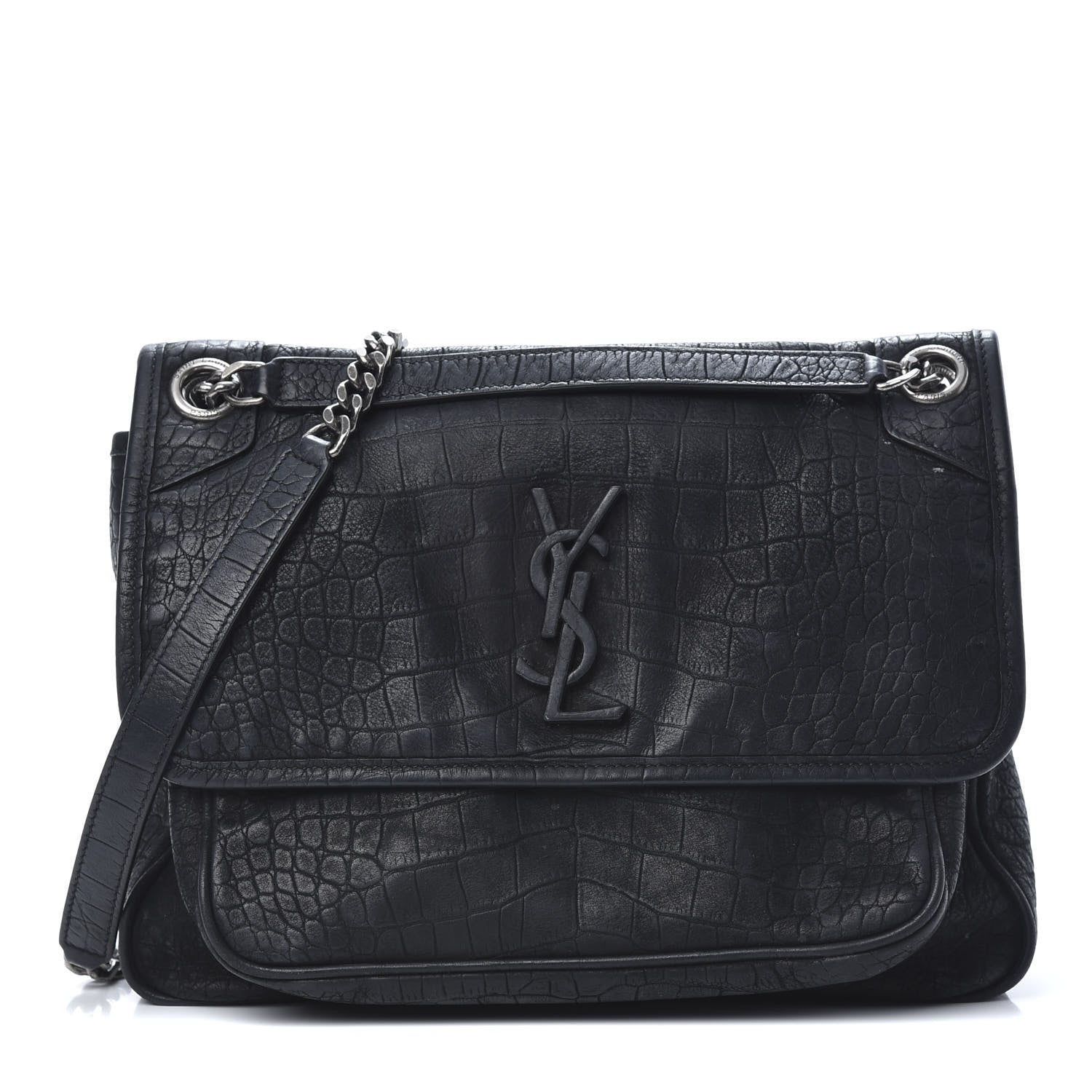 Saint Laurent Nubuck Crocodile Embossed Monogram Medium Niki Chain Satchel Black 1 of 16
