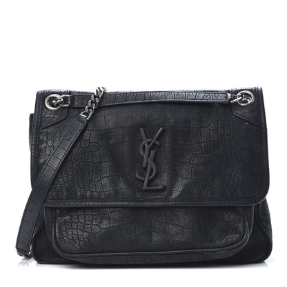 Saint Laurent Nubuck Crocodile Embossed Monogram Medium Niki Chain Satchel Black 1 of 16