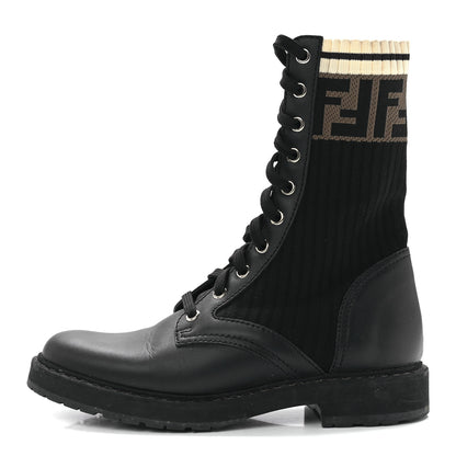 Fendi Calfskin Stretch Fabric Rockoko Biker Boots 36 Tobacco Black Marino 1 of 8
