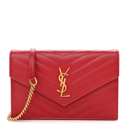 Saint Laurent Grain De Poudre Matelasse Chevron Monogram Envelope Chain Wallet New Red 1 of 15
