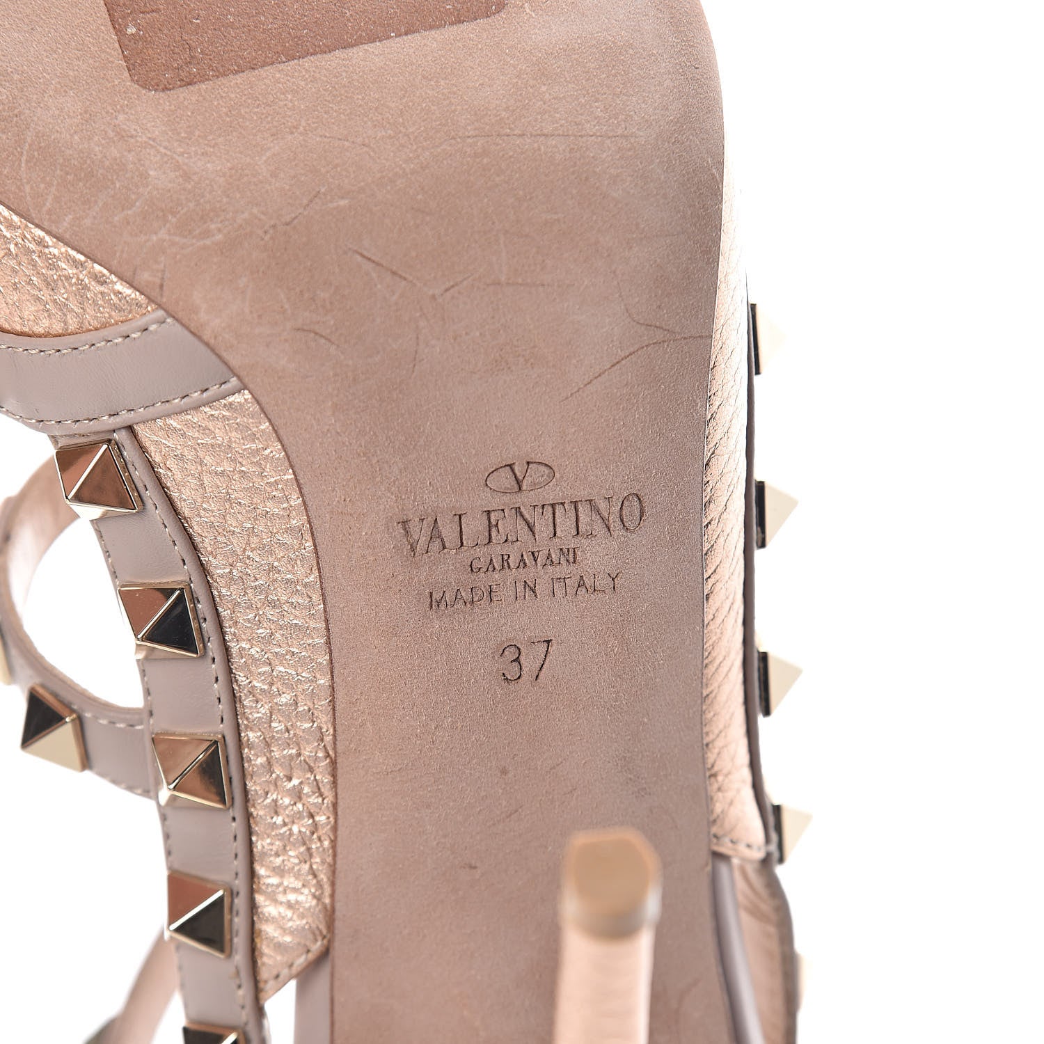 Valentino Garavani Metallic Pebbled Calfskin Rockstud Ankle Strap 100mm Pumps 37 Rame Poudre 6 of 7