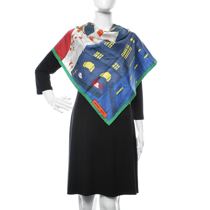 Hermes Silk Space Shopping Au Faubourg Scarf 90 Bleu Vert Rouge 2 of 4