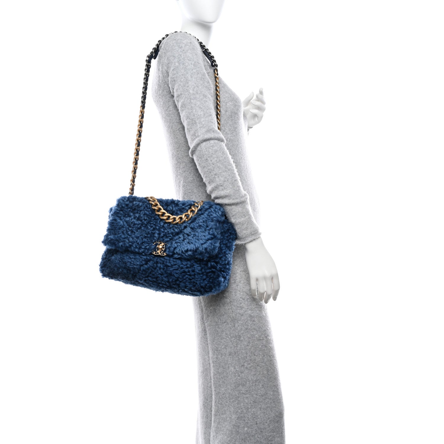 Chanel Shearling Sheepskin Large Chanel 19 Flap Blue 2 of 10