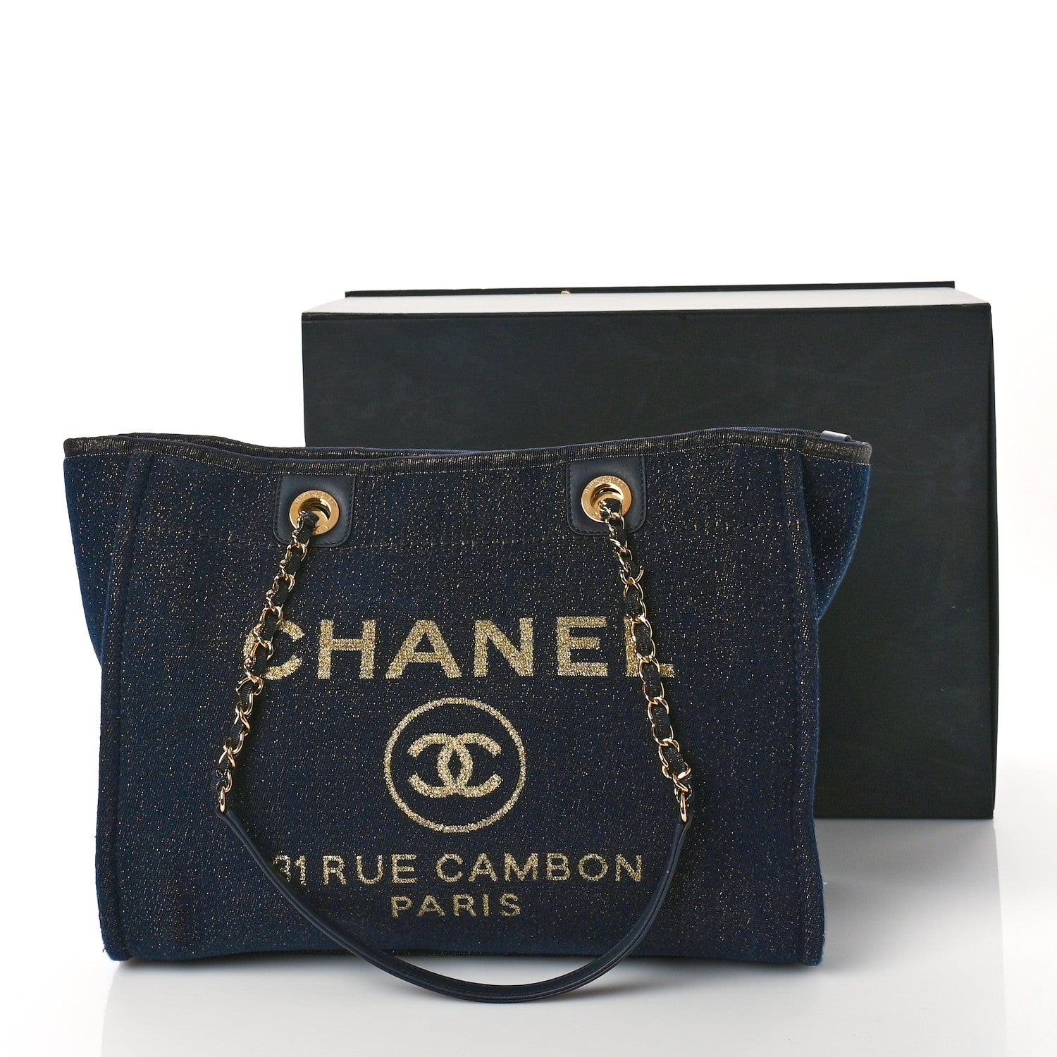 Chanel Lurex Canvas Small Deauville Tote Navy Blue Gold 10 of 10