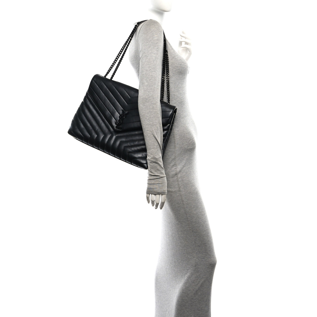 Calfskin Y Quilted Monogram Monochrome Large Loulou Chain Satchel Black