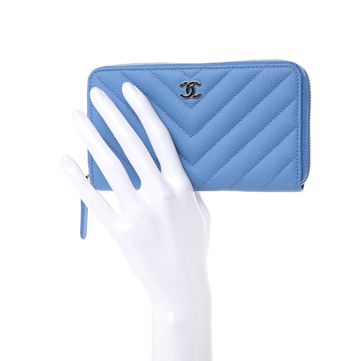 Caviar Chevron Quilted Small Zip Around Wallet Blue