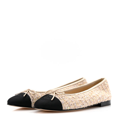 Chanel Glittered Tweed Sequin Grosgrain Cap Toe Ballet Flats 41 Beige Light Yellow Ecru Black 4 of 10