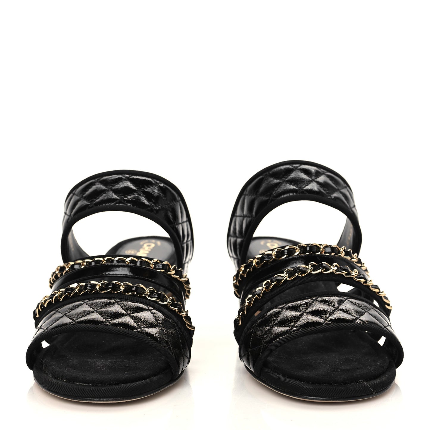 Distressed Patent Quilted Chain Mule Sandals 37.5 Black