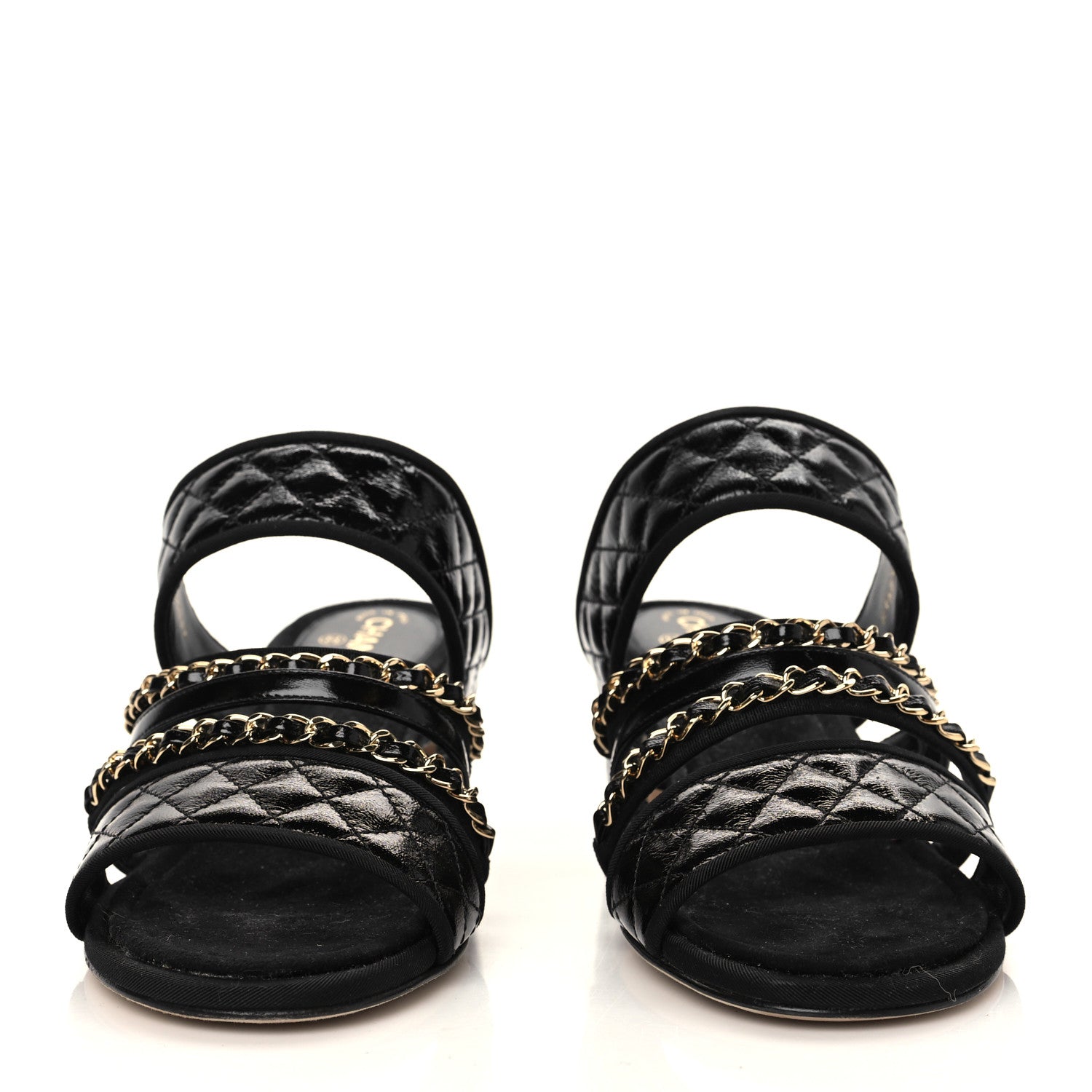 Chanel Distressed Patent Quilted Chain Mule Sandals 37.5 Black 2 of 9