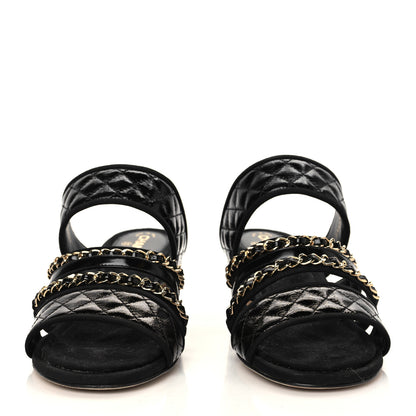 Chanel Distressed Patent Quilted Chain Mule Sandals 37.5 Black 2 of 9