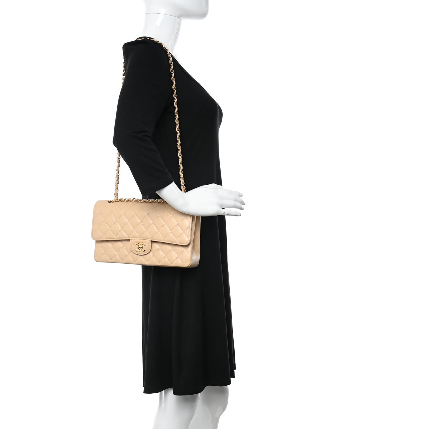 Caviar Quilted Medium Double Flap Beige Clair