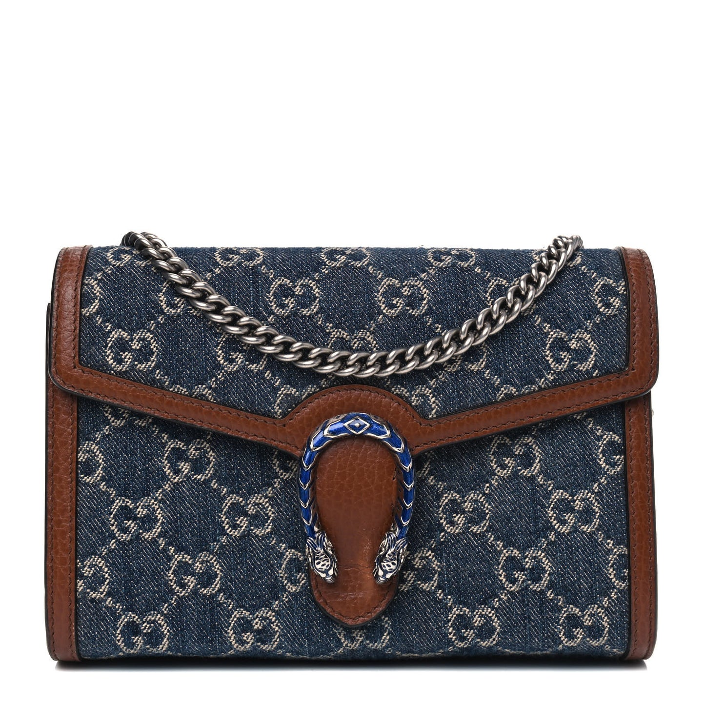 New Denim GG Monogram Dollar Calfskin Enamel Mini Dionysus Chain Wallet Blue Tea Cuir Epilog Electric Blue