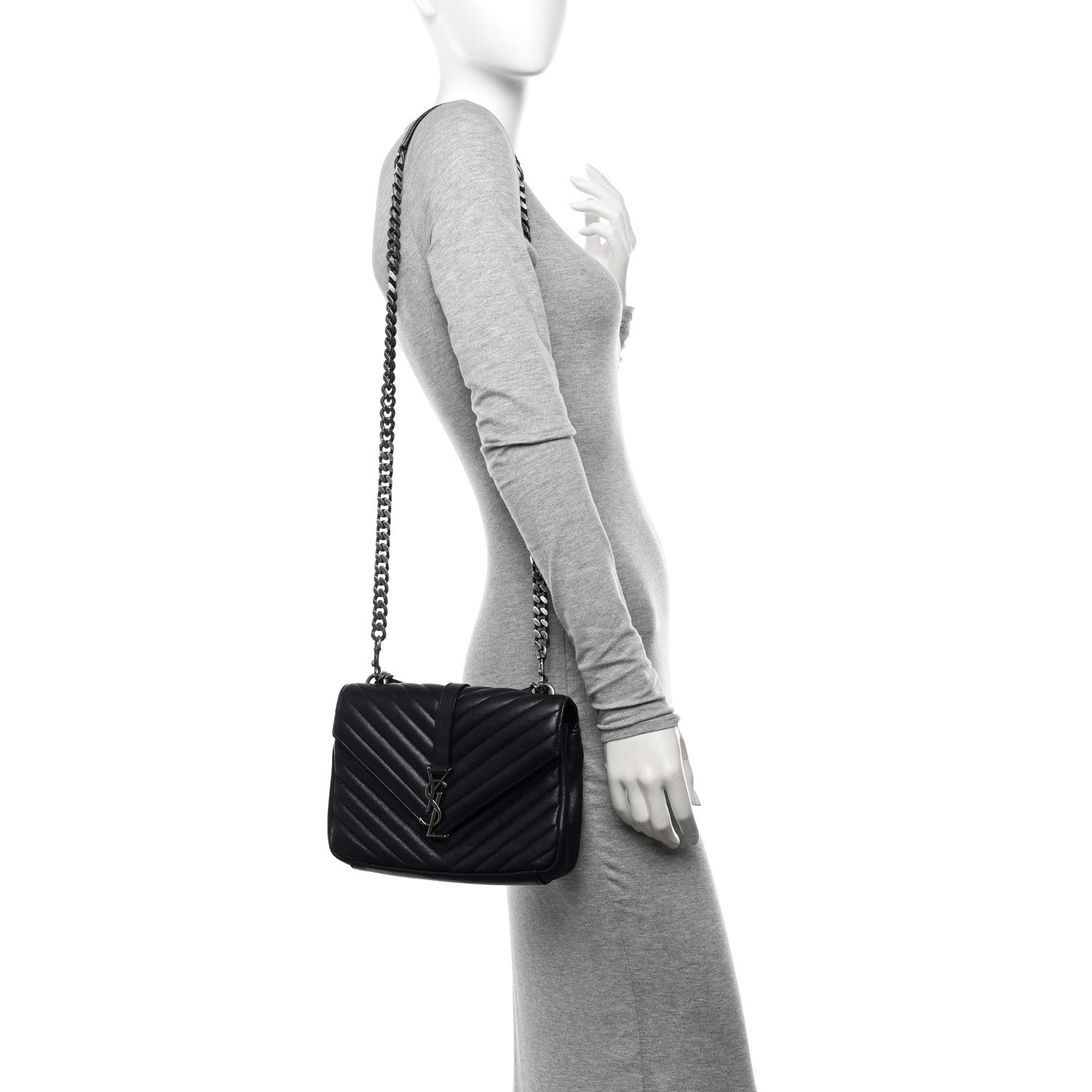 Saint Laurent Sheepskin Matelasse Chevron Monogram Medium College Bag Deep Marine 2 of 15