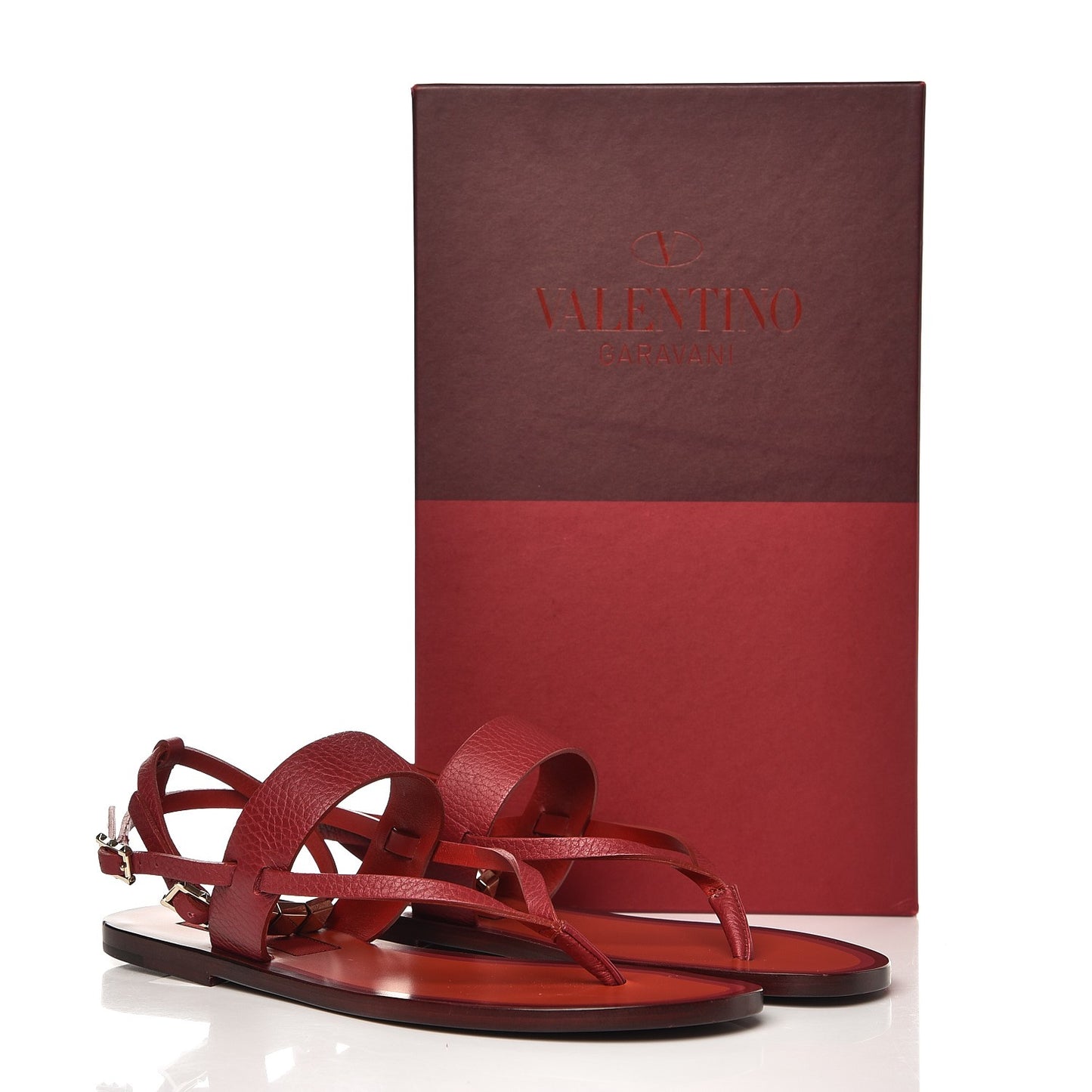Calfskin Rockstud Ankle Wrap Flat Thong Sandals 37 Rubino