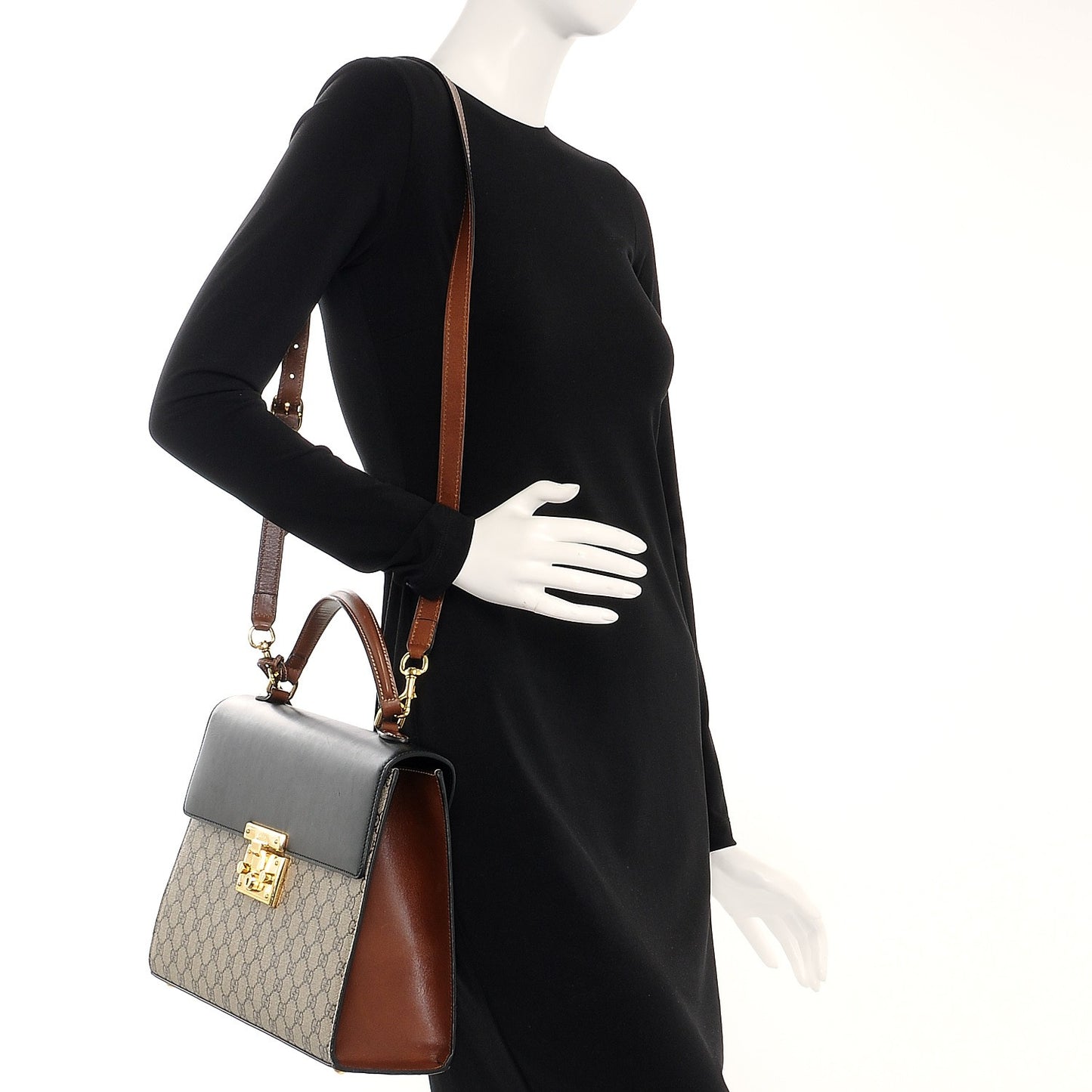 GG Supreme Monogram Calfskin Medium Padlock Top Handle Bag Beige Black Cuir
