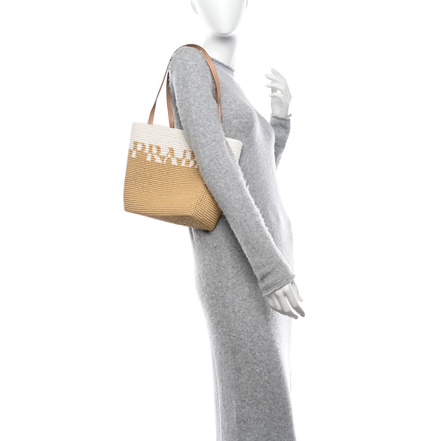 Prada Yarn Raffia Effect Crochet Vitello Logo Small Shopping Tote Naturale White 2 of 11
