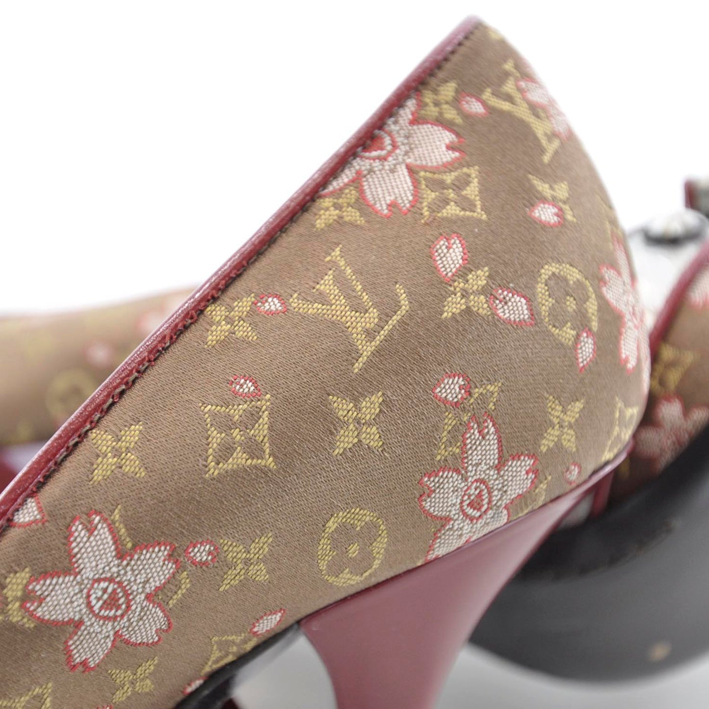 Satin Monogram Cherry Blossom Peep Toe Heels 36