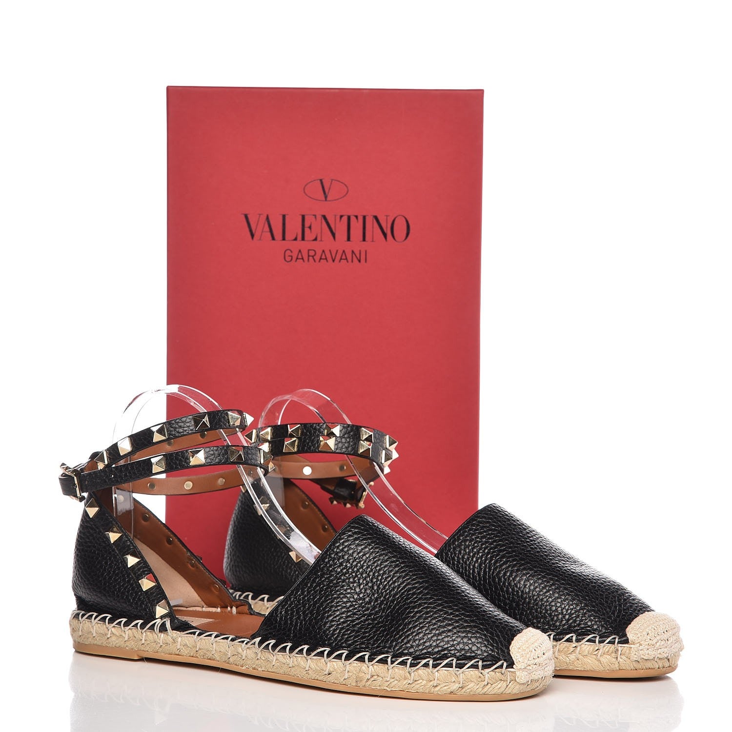 Valentino Garavani Grained Calfskin Rockstud Ankle Wrap Espadrille 20mm Flats 41 Black Light Cuir Natural 13 of 13