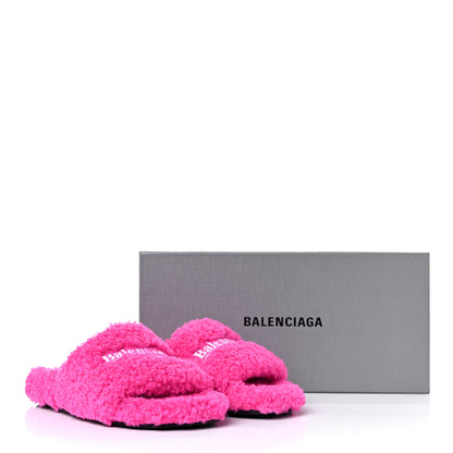 Balenciaga Faux Shearling Political Campaign Logo Slide Sandals 36 Pink White Blue 8 of 8
