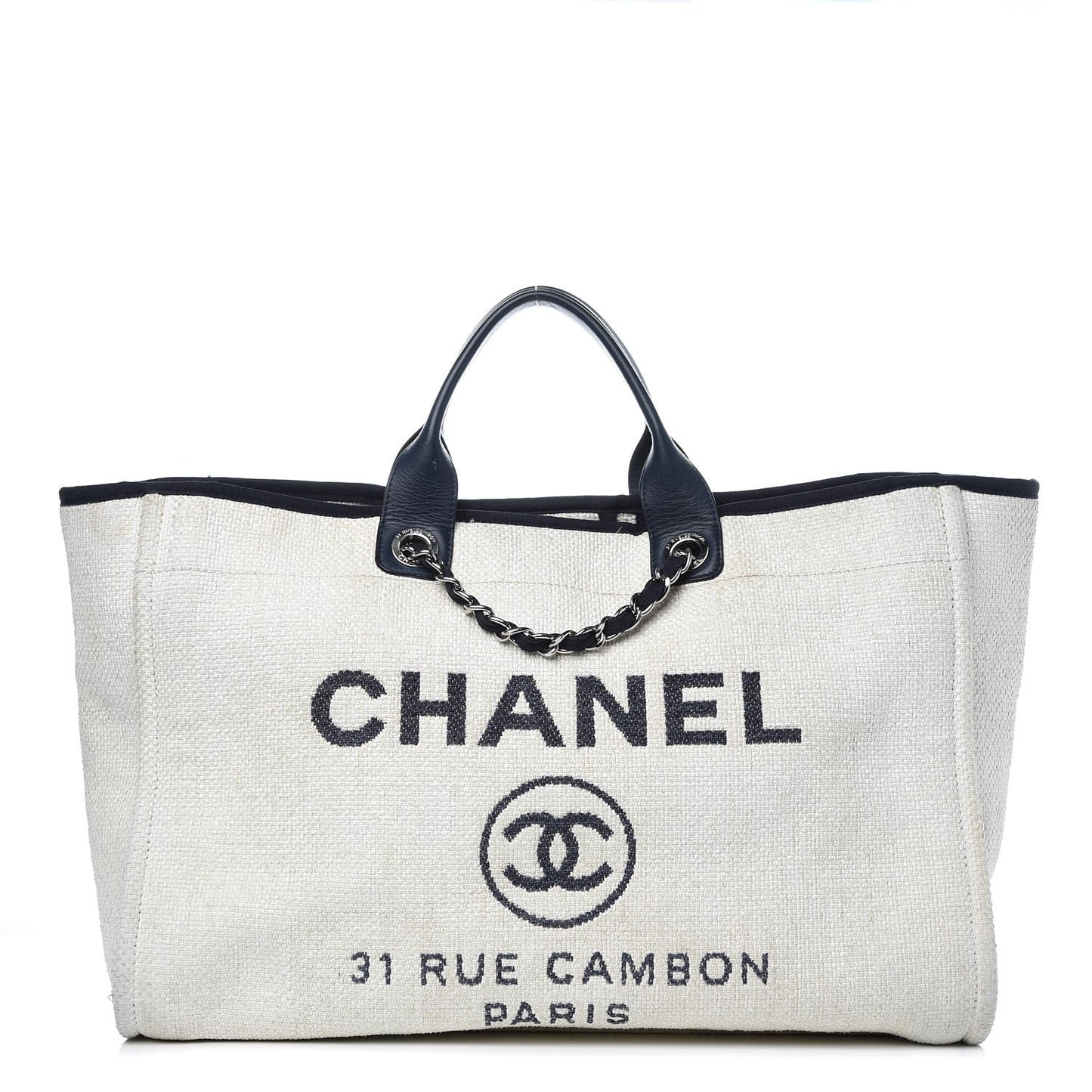 Woven Straw Raffia Extra Large Deauville Tote White Navy