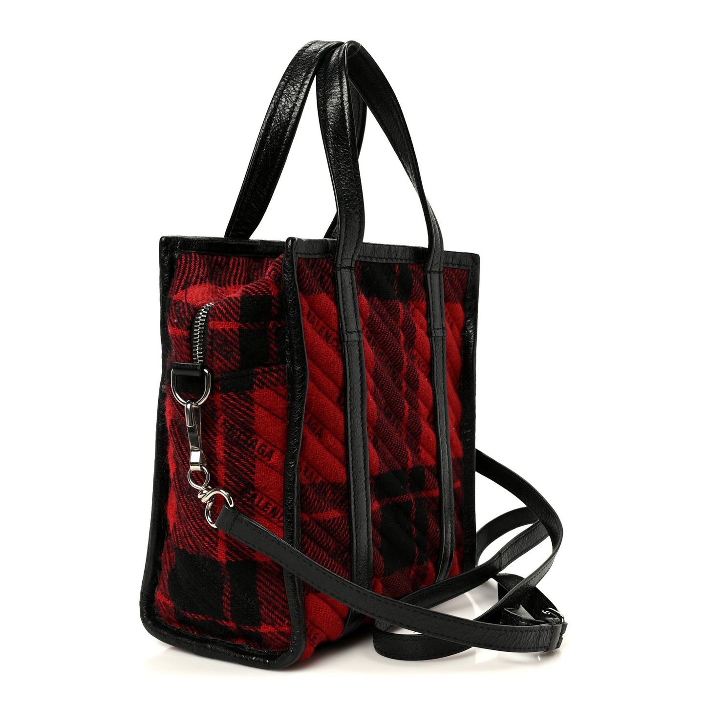 Wool Cuir Arena Plaid Diagonal Allover Logo Matelasse XS Bazar Shopper Tote Red Black