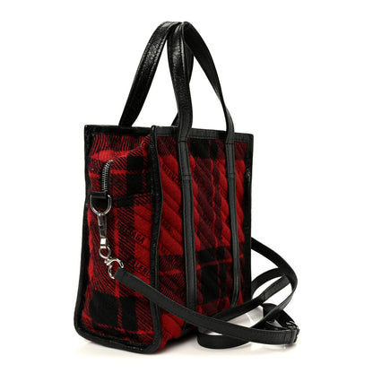 Balenciaga Wool Cuir Arena Plaid Diagonal Allover Logo Matelasse XS Bazar Shopper Tote Red Black 3 of 11