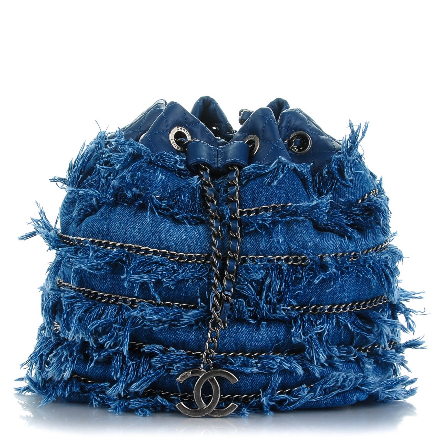 Calfskin Denim Fringe Chains CC Drawstring Bucket Bag Blue