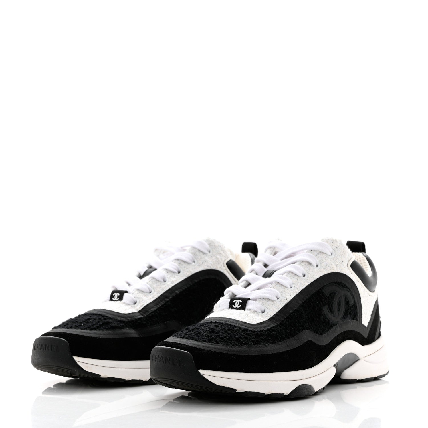 Chanel Tweed Suede Calfskin CC Sneakers 39 Black White 3 of 9