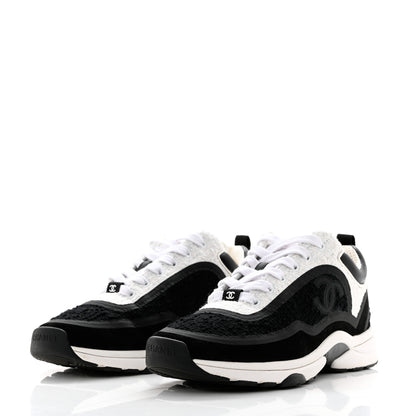 Chanel Tweed Suede Calfskin CC Sneakers 39 Black White 3 of 9