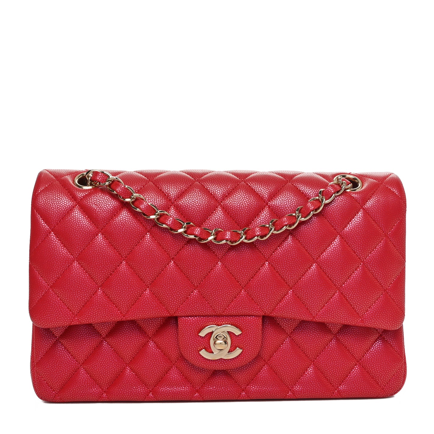 Iridescent  Caviar Quilted Medium Double Flap Red