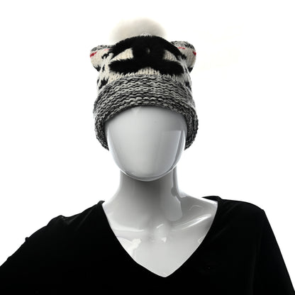 Chanel Wool Shearling CC Beanie Hat Ivory Black Red 2 of 7
