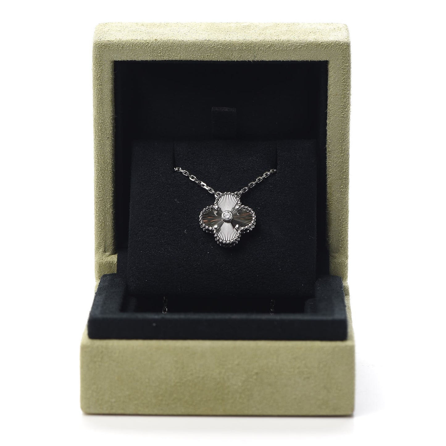 18K White Gold Diamond Guilloche Vintage Alhambra Pendant Necklace
