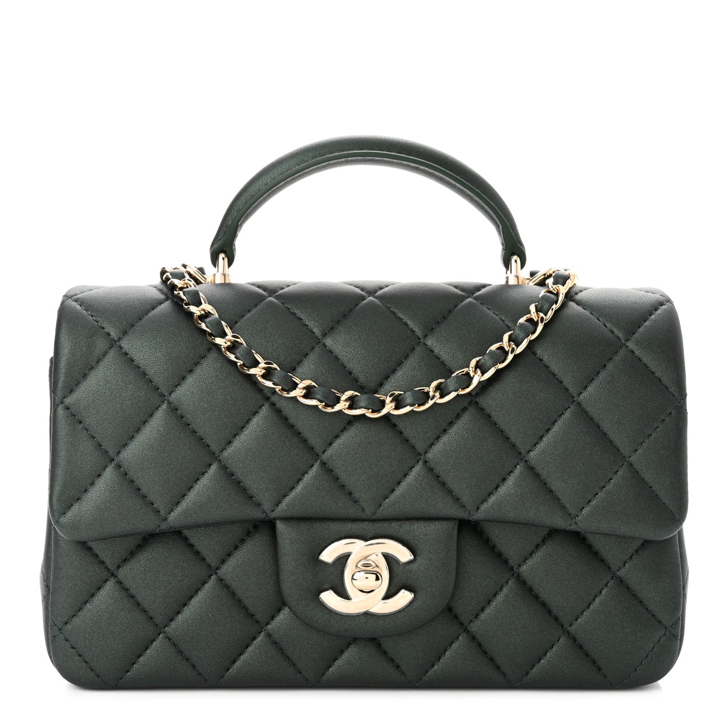 Iridescent Lambskin Quilted Mini Top Handle Rectangular Flap Dark Green