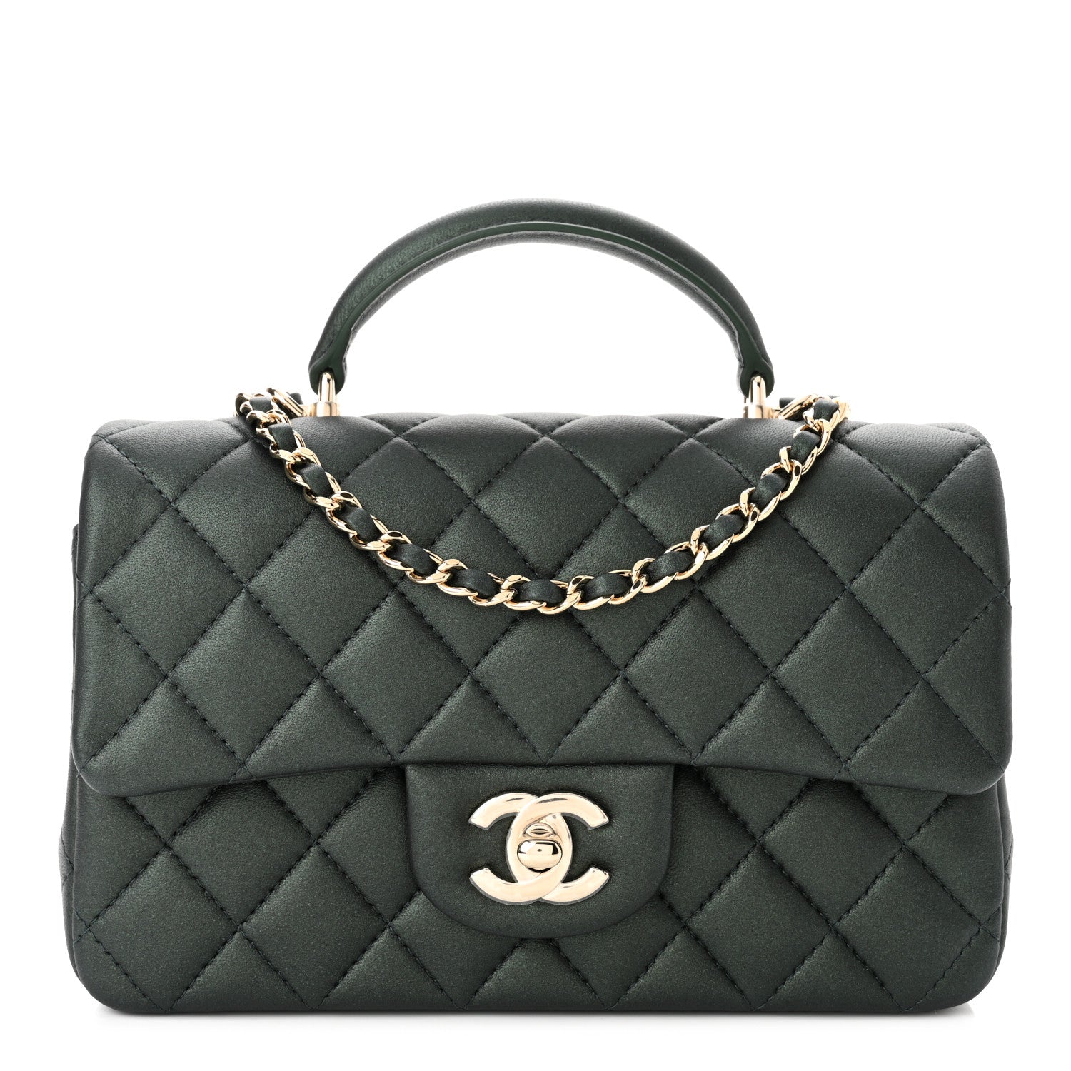 Chanel Iridescent Lambskin Quilted Mini Top Handle Rectangular Flap Dark Green 1 of 11