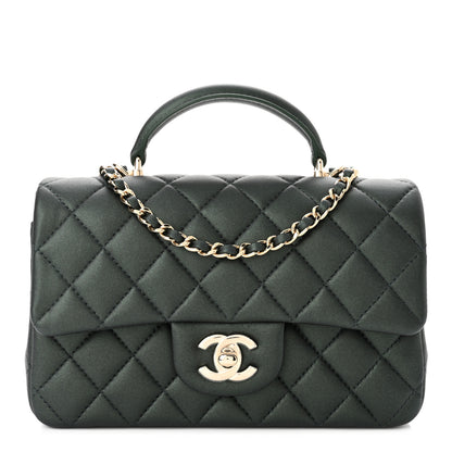 Chanel Iridescent Lambskin Quilted Mini Top Handle Rectangular Flap Dark Green 1 of 11