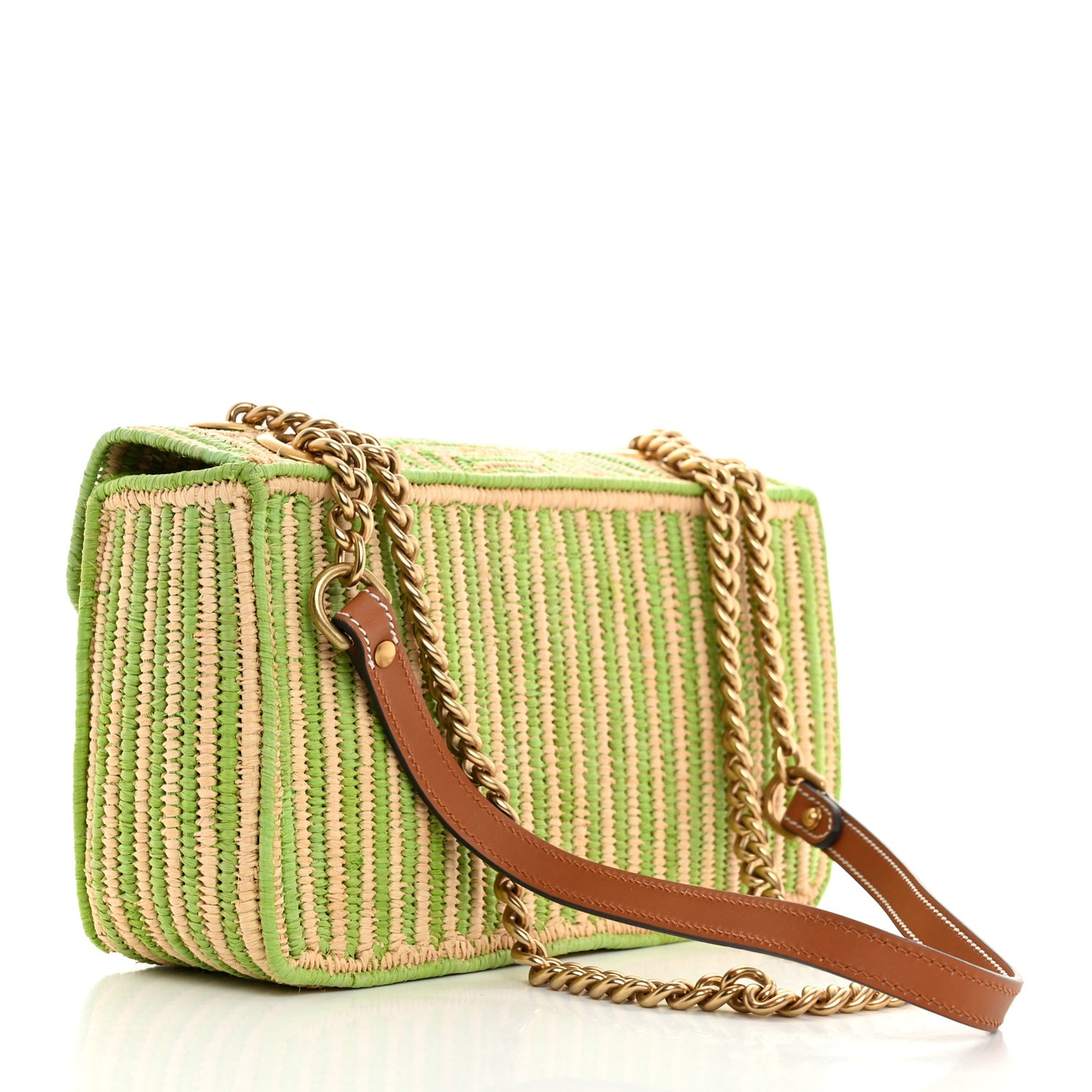 Raffia Woven Small GG Marmont Shoulder Bag Natural Light Green