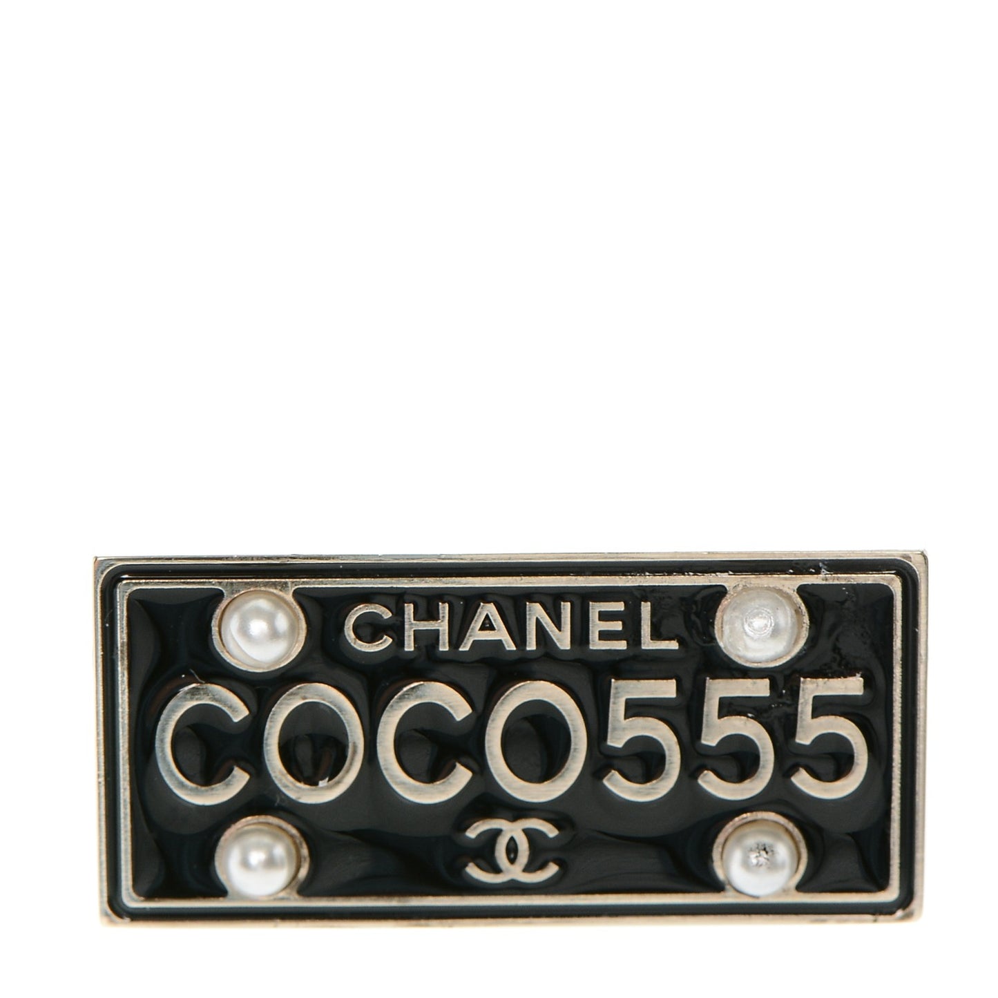 Metal Resin Pearl Coco License Plate Brooch Black Gold