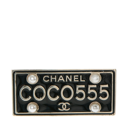 Chanel Metal Resin Pearl Coco License Plate Brooch Black Gold 1 of 4