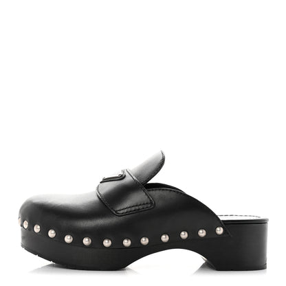 Prada Natural Calfskin Metal Triangle Logo 45mm Clogs 36 Black 1 of 9