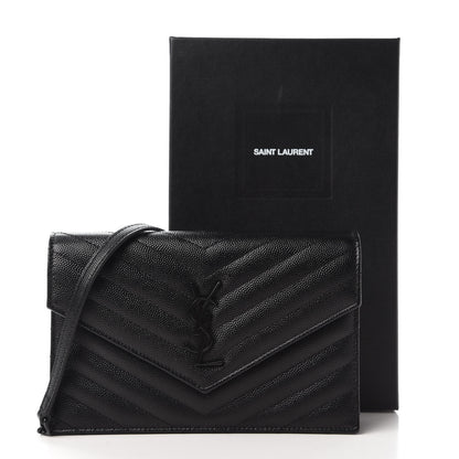 Saint Laurent Grain De Poudre Matelasse Chevron Monogram Envelope Chain Wallet Black 10 of 10