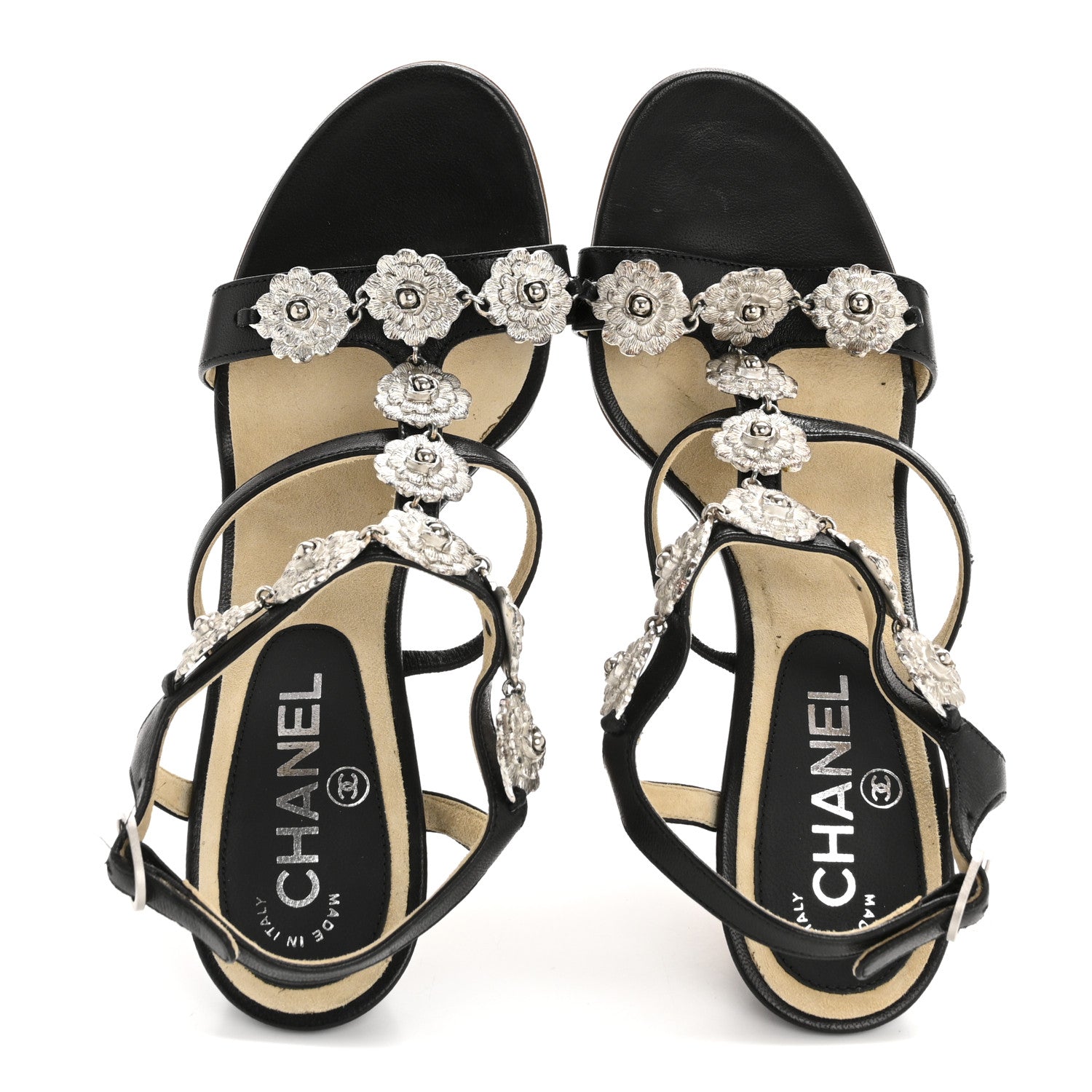Chanel Lambskin Cork Camellia Wedge Sandals 37.5 Black 2 of 12