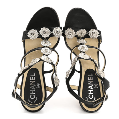 Chanel Lambskin Cork Camellia Wedge Sandals 37.5 Black 2 of 12