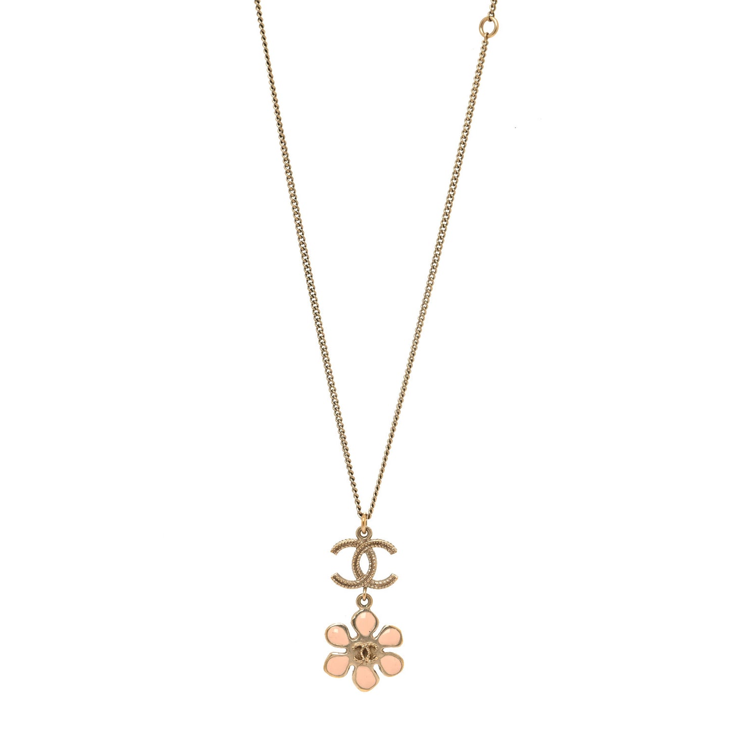 Enamel Pearl CC Flower Pendant Necklace Pink Gold