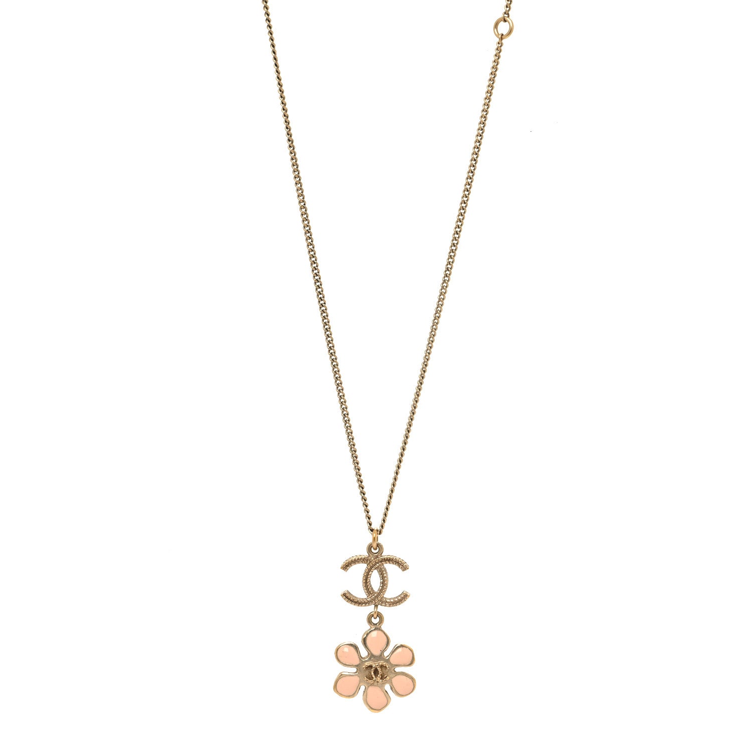 Chanel Enamel Pearl CC Flower Pendant Necklace Pink Gold 1 of 4