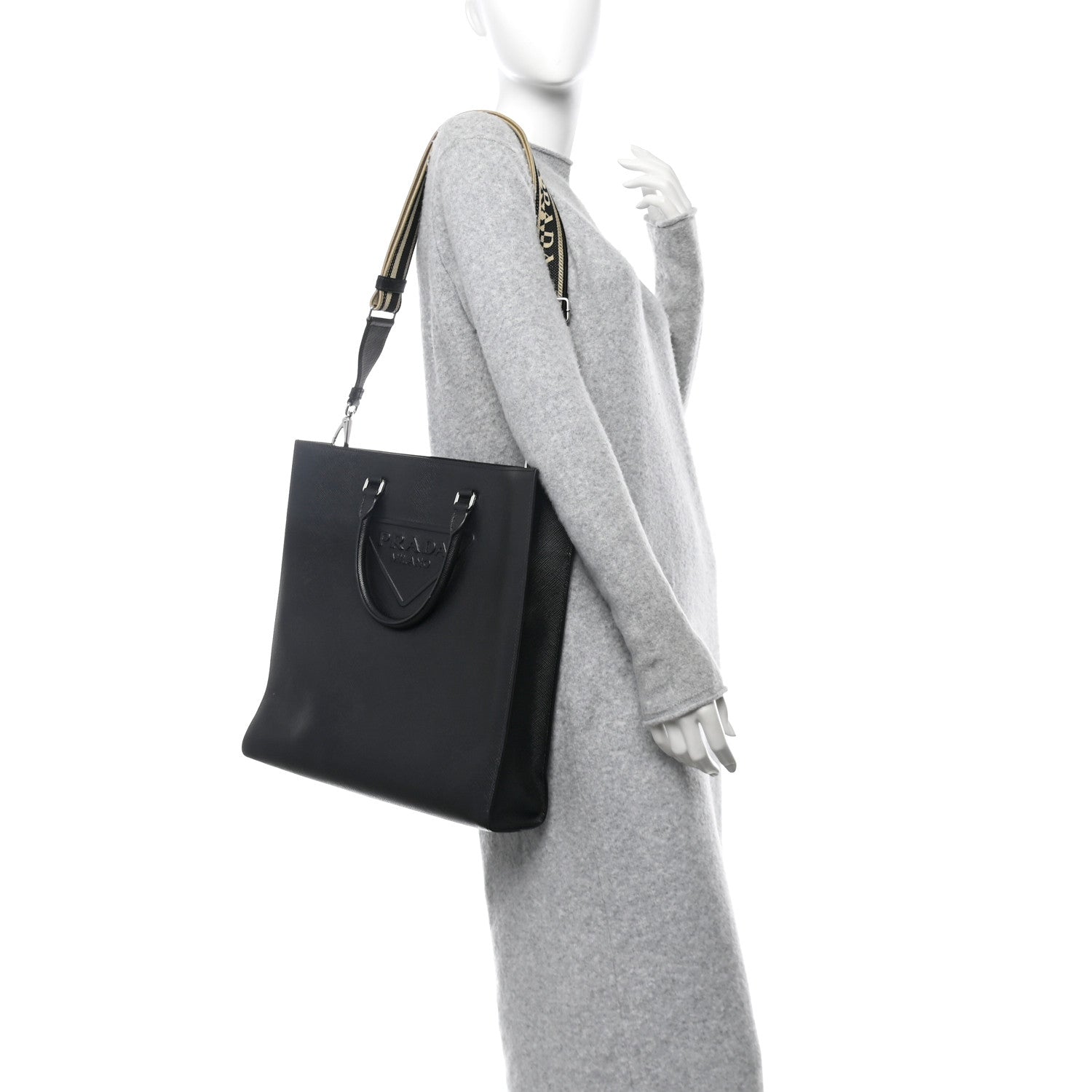 Prada Saffiano Cuir Triangle Logo Embossed Vertical Tote Black 2 of 13