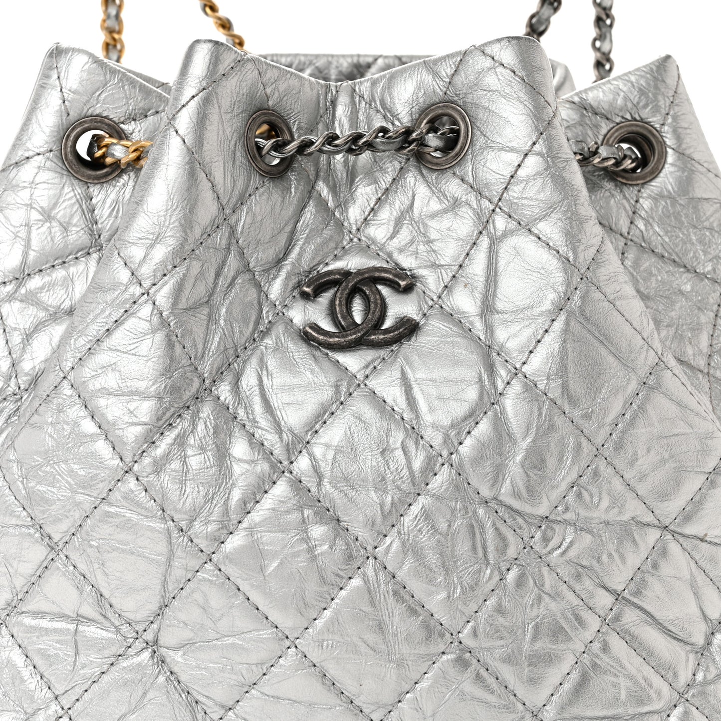 Metallic Crumpled Calfskin Quilted Small Gabrielle Backpack Silver